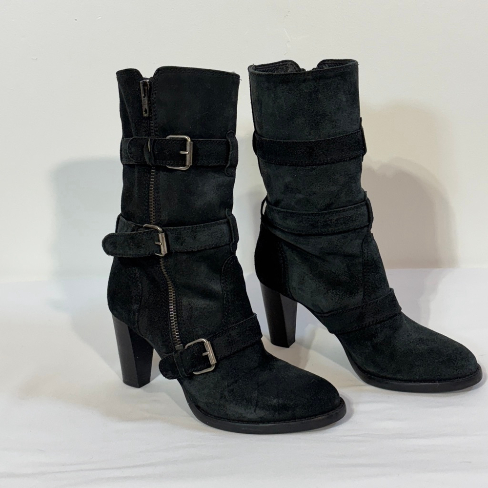 J.Crew Black Green Leather Suede Heeled Boots Women's Size 5.5 Zipper Buckles
